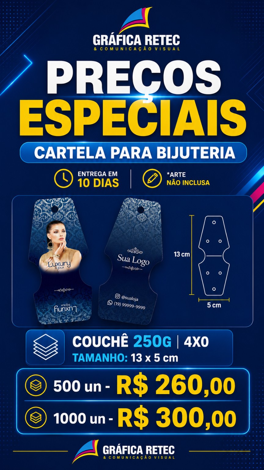 Cartela para bijuteria recortada 13x5 cm 4x0